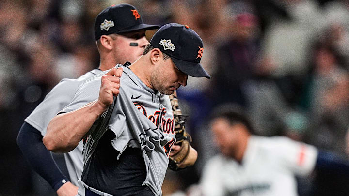 Detroit Tigers pitcher Tommy Kahnle (43) and first baseman Spencer Torkelson (20) walk off the field after 3-2 loss to Seattle Mariners in 15 innings at ALDS Game 5 at T-Mobile Park in Seattle on Friday, Oct. 10, 2025.