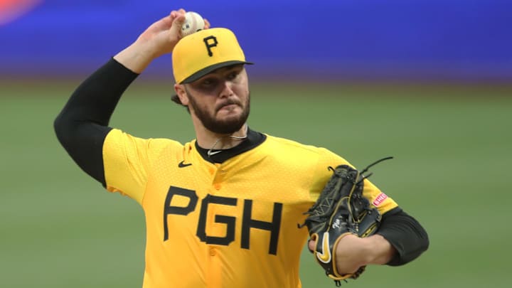 May 23, 2025; Pittsburgh, Pennsylvania, USA;  Pittsburgh Pirates starting pitcher Paul Skenes (30) pitches against the Milwaukee Brewers during the second inning at PNC Park. Mandatory Credit: Charles LeClaire-Imagn Images