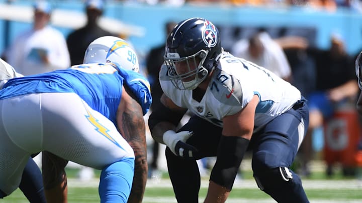 Sep 17, 2023; Nashville, Tennessee, USA; Tennessee Titans offensive tackle Dillon Radunz (75) waits for the snap during the first half against the Los Angeles Chargers at Nissan Stadium. Mandatory Credit: Christopher Hanewinckel-Imagn Images Sep 17, 2023; Nashville, Tennessee, USA; Tennessee Titans offensive tackle Dillon Radunz (75) waits for the snap during the first half against the Los Angeles Chargers at Nissan Stadium. Mandatory Credit: Christopher Hanewinckel-Imagn Images