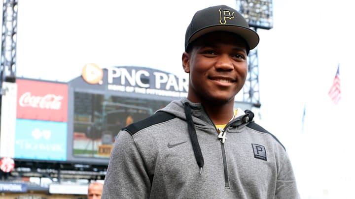 Pittsburgh Pirates prospect Termarr Johnson and the fourth overall player drafted in the 2022 MLB Draft on the field before the Pirates host the Philadelphia Phillies at PNC Park. 