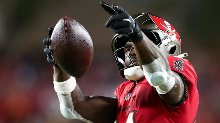 Oct 21, 2024; Tampa, Florida, USA; Tampa Bay Buccaneers wide receiver Chris Godwin (14) celebrates a first down against the Baltimore Ravens in the second quarter at Raymond James Stadium. Mandatory Credit: Nathan Ray Seebeck-Imagn Images Oct 21, 2024; Tampa, Florida, USA; Tampa Bay Buccaneers wide receiver Chris Godwin (14) celebrates a first down against the Baltimore Ravens in the second quarter at Raymond James Stadium. Mandatory Credit: Nathan Ray Seebeck-Imagn Images