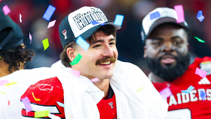 Dec 6, 2025; Arlington, TX, USA; Texas Tech Red Raiders linebacker Jacob Rodriguez (10) celebrates after the game against the BYU Cougars at AT&T Stadium. Mandatory Credit: Kevin Jairaj-Imagn Images
