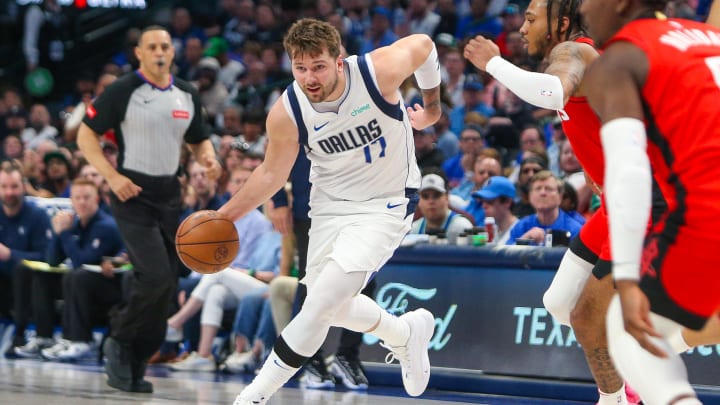 Apr 7, 2024; Dallas, Texas, USA; Dallas Mavericks guard Luka Doncic (77) drives to the lane during