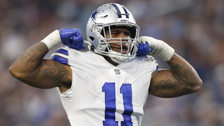 Oct 3, 2021; Arlington, Texas, USA;  Dallas Cowboys linebacker Micah Parsons (11) reacts after a sack in the fourth quarter against the Carolina Panthers at AT&T Stadium. Mandatory Credit: Tim Heitman-Imagn Images