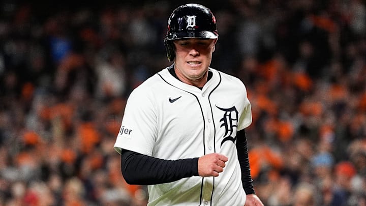Detroit Tigers designated hitter Kerry Carpenter (30) limps off the field after scoring a run against Cleveland Guardians during the sixth inning at Game 4 of ALDS at Comerica Park in Detroit on Thursday, Oct. 10, 2024