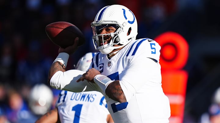 Indianapolis Colts quarterback Anthony Richardson (5) passes the ball in the first quarter against the Denver Broncos at Empower Field at Mile High.