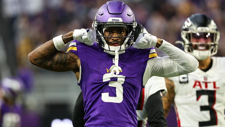 Dec 8, 2024; Minneapolis, Minnesota, USA; Minnesota Vikings wide receiver Jordan Addison (3) celebrates his catch against the Atlanta Falcons during the fourth quarter at U.S. Bank Stadium.