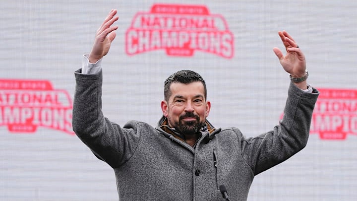 Head coach Ryan Day fires up the crowd during the Ohio State Buckeyes College Football Playoff National Championship celebration at Ohio Stadium in Columbus on Jan. 26, 2025. Head coach Ryan Day fires up the crowd during the Ohio State Buckeyes College Football Playoff National Championship celebration at Ohio Stadium in Columbus on Jan. 26, 2025.