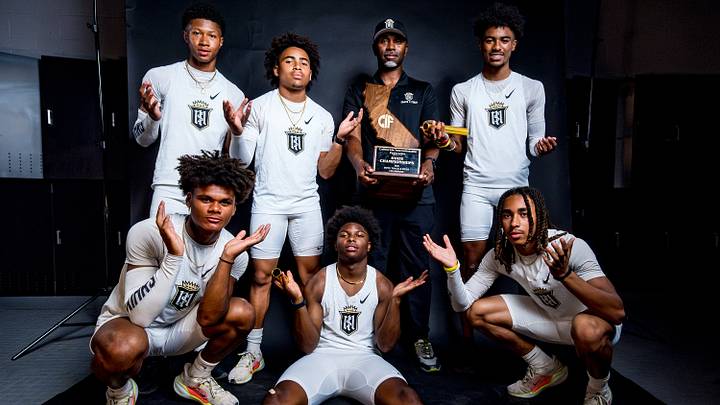 Servite Track 2-time state champion athletes and head coach Brandon Thomas. Athletes in order(Robert Gardner, Jorden Wells, Jaelen Hunter, Kamil Pelovello, Benjamin Harris, and Jace Wells) pose with CIF state Track and field trophy.