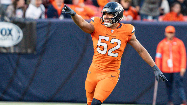 November 17, 2024: Denver Broncos linebacker Jonah Elliss (52) celebrates his sack in the second half of the football game between the Denver Broncos and Atlanta Falcons. 