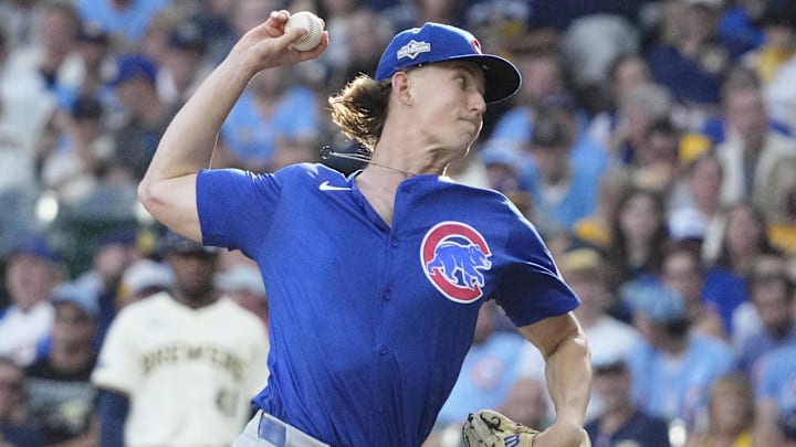 Oct 4, 2025; Milwaukee, Wisconsin, USA; Chicago Cubs pitcher Ben Brown (32) pitches against the Milwaukee Brewers during the eighth inning of game one of the NLDS round for the 2025 MLB playoffs at American Family Field. Mandatory Credit: Michael McLoone-Imagn Images