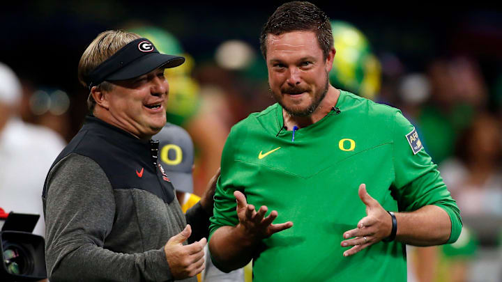 Georgia head coach Kirby Smart and Oregon head coach Dan Lanning meet during warm ups before the start of the Chick-fil-A Kickoff NCAA college football game between Oregon and Georgia in Atlanta, on Saturday, Sept. 3, 2022.
News Joshua L Jones Georgia head coach Kirby Smart and Oregon head coach Dan Lanning meet during warm ups before the start of the Chick-fil-A Kickoff NCAA college football game between Oregon and Georgia in Atlanta, on Saturday, Sept. 3, 2022.
News Joshua L Jones