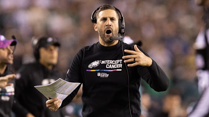 Oct 16, 2022; Philadelphia, Pennsylvania, USA; Philadelphia Eagles head coach Nick Sirianni reacts to a play against the Dallas Cowboys during the second quarter at Lincoln Financial Field. Mandatory Credit: Bill Streicher-Imagn Images