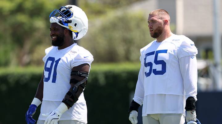 Jul 29, 2026; Los Angeles, CA, USA; Los Angeles Rams defensive end Kobie Turner (91) and defensive end Braden Fiske (55) stand on the sideline during training camp at Loyola Marymount University. Mandatory Credit: Kiyoshi Mio-Imagn Images Jul 29, 2026; Los Angeles, CA, USA; Los Angeles Rams defensive end Kobie Turner (91) and defensive end Braden Fiske (55) stand on the sideline during training camp at Loyola Marymount University. Mandatory Credit: Kiyoshi Mio-Imagn Images