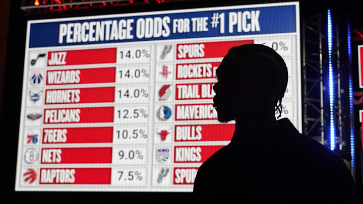 May 12, 2025; Chicago, Illinois, US; A draft prospect during the 2025 NBA Draft Lottery at McCormick Place. Mandatory Credit: David Banks-Imagn Images