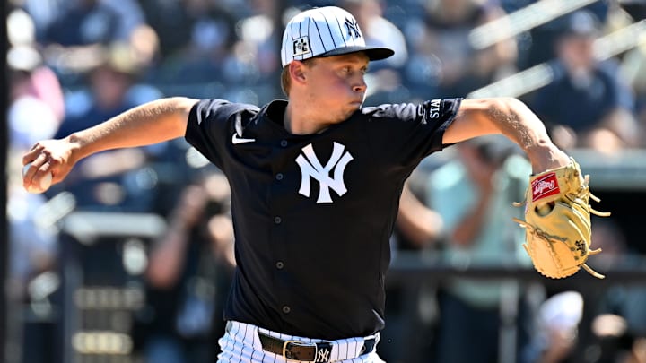 Feb 26, 2025; Tampa, Florida, USA; New York Yankees starting pitcher Will Warren (98) throws a pitch in the first inning against the St. Louis Cardinals during spring training at George M. Steinbrenner Field. Feb 26, 2025; Tampa, Florida, USA; New York Yankees starting pitcher Will Warren (98) throws a pitch in the first inning against the St. Louis Cardinals during spring training at George M. Steinbrenner Field.