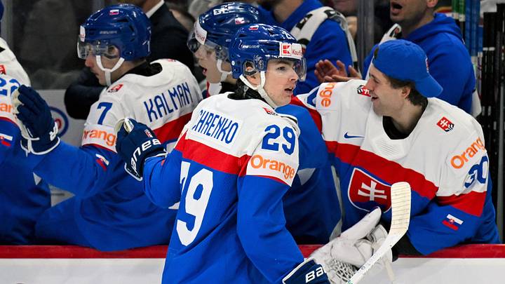 Dec 29, 2025; St. Paul, Minnesota, USA; Slovakia forward Tomas Chrenko (29) celebrates his power play goal against USA with goalie Ala Lendak (30) during the first period of Group A play in the 2026 IIHF World Junior Championship at Grand Casino Arena.