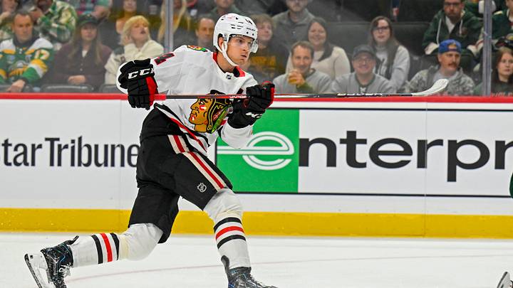 Sep 19, 2026; Saint Paul, Minnesota, USA;  Chicago Blackhawks defensemen Kevin Korchinski (14) scores a goal against the Minnesota Wild during the first period at Grand Casino Arena.  Mandatory Credit: Nick Wosika-Imagn Images
