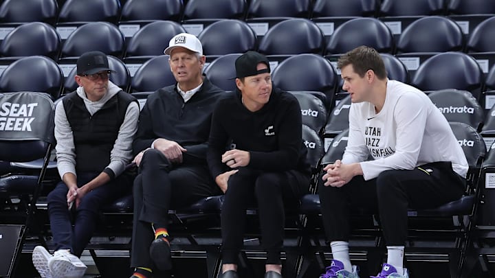 Feb 6, 2024; Salt Lake City, Utah, USA; From left to right, Utah Jazz general manager Justin Zanik, CEO Danny Ainge, owner Ryan Smith and head coach Will Hardy sit court side before the game between the Utah Jazz and the Oklahoma City Thunder at Delta Center. Mandatory Credit: Rob Gray-Imagn Images Feb 6, 2024; Salt Lake City, Utah, USA; From left to right, Utah Jazz general manager Justin Zanik, CEO Danny Ainge, owner Ryan Smith and head coach Will Hardy sit court side before the game between the Utah Jazz and the Oklahoma City Thunder at Delta Center. Mandatory Credit: Rob Gray-Imagn Images