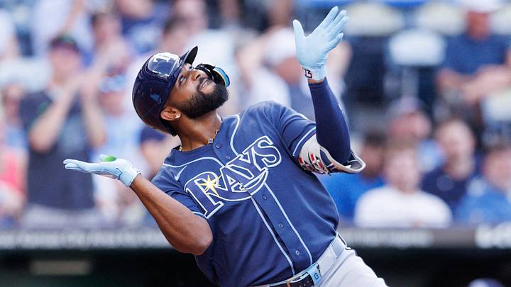 Jun 30, 2026; Kansas City, Missouri, USA; Tampa Bay Rays third baseman Junior Caminero (13) reacts after hitting a home run during the second inning against the Kansas City Royals at Kauffman Stadium. Jun 30, 2026; Kansas City, Missouri, USA; Tampa Bay Rays third baseman Junior Caminero (13) reacts after hitting a home run during the second inning against the Kansas City Royals at Kauffman Stadium.