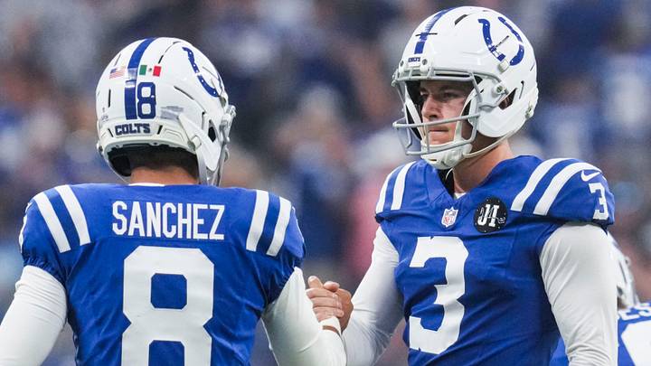 Indianapolis Colts punter Rigoberto Sanchez (8) high-fives Indianapolis Colts kicker Spencer Shrader (3) after a field goal attempt Sunday, Oct. 5, 2025, during a game against the Las Vegas Raiders at Lucas Oil Stadium in Indianapolis. Indianapolis Colts punter Rigoberto Sanchez (8) high-fives Indianapolis Colts kicker Spencer Shrader (3) after a field goal attempt Sunday, Oct. 5, 2025, during a game against the Las Vegas Raiders at Lucas Oil Stadium in Indianapolis.