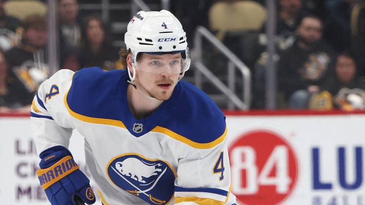 Mar 5, 2026; Pittsburgh, Pennsylvania, USA;  Buffalo Sabres defenseman Bowen Byram (4) skates up the ice with the puck against the Pittsburgh Penguins during the second period at PPG Paints Arena. Mandatory Credit: Charles LeClaire-Imagn Images