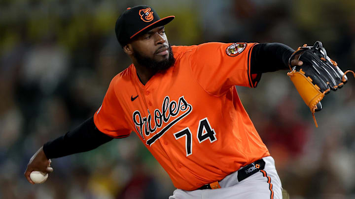 Jun 7, 2025; West Sacramento, California, USA; Baltimore Orioles pitcher Felix Bautista (74) throws a pitch against the Athletics during the ninth inning at Sutter Health Park. Jun 7, 2025; West Sacramento, California, USA; Baltimore Orioles pitcher Felix Bautista (74) throws a pitch against the Athletics during the ninth inning at Sutter Health Park.