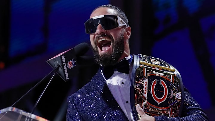 Apr 25, 2025; Green Bay, WI, USA; FWWE wrestler and Chicago Bears fan Seth Rollins taunts the crowd before announcing the team’s selection with the 56th overall pick during the second round of the 2025 NFL Draft at Lambeau Field. Mandatory Credit: Tork Mason/USA Today Network via Imagn Images