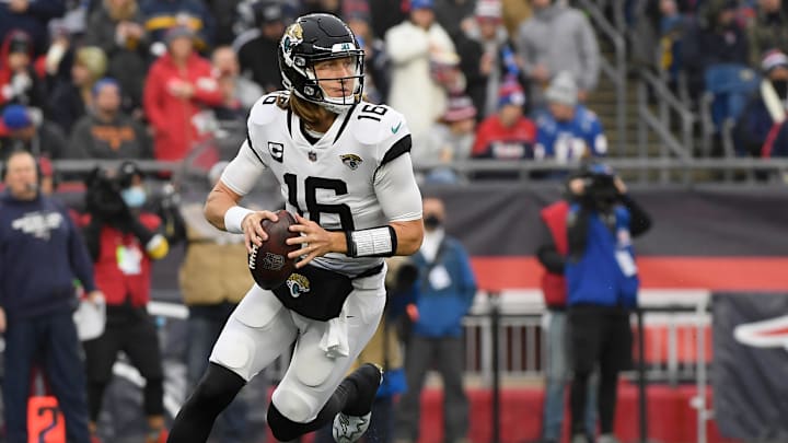 Jan 2, 2022; Foxborough, Massachusetts, USA; Jacksonville Jaguars quarterback Trevor Lawrence (16) during the second half against the New England Patriots at Gillette Stadium. Mandatory Credit: Bob DeChiara-Imagn Images