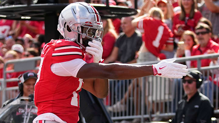 Ohio State Buckeyes wide receiver Carnell Tate celebrates a touchdown against the Grambling State Tigers.