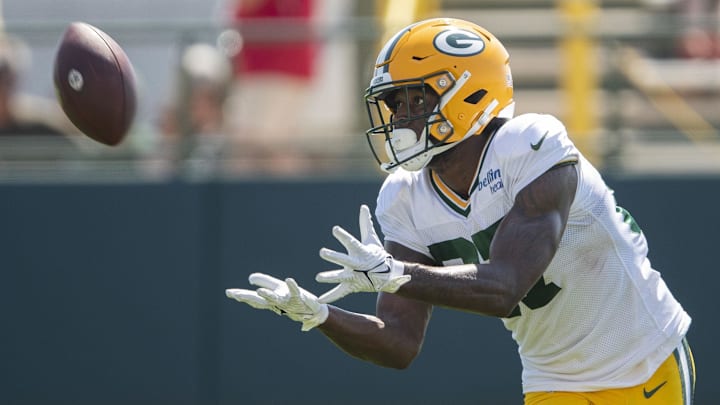 Aug 3, 2023; Green Bay, WI, USA; Green Bay Packers wide receiver Romeo Doubs (87) catches a pass during practice at Ray Nitschke Field. Mandatory Credit: Tork Mason/USA TODAY NETWORK-Wisconsin/Imagn Images