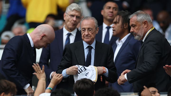 [Subscription Customers Only] Jul 1, 2025; Miami Gardens, Florida, USA; FIFA president Gianni Infantino and Real Madrid president Florentino Perez are pictured in the stands before the match during a round of 16 match of the 2025 FIFA Club World Cup at Hard Rock Stadium. Mandatory Credit: Hannah Mckay-Reuters via Imagn Images
