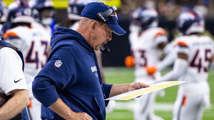 Aug 23, 2025; New Orleans, Louisiana, USA; Denver Broncos head coach Sean Payton looks on against the New Orleans Saints during the second half at Caesars Superdome. Mandatory Credit: Stephen Lew-Imagn Images