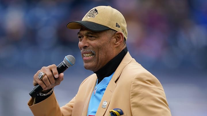 Hall of Famer Robert “Dr. Doom” Brazile, who played from 1975 to 1984 for the Houston Oilers, addresses the crowd before the Titans’ game against the Houston Texans at Nissan Stadium in Nashville, Tenn., Sunday, Jan. 5, 2025.