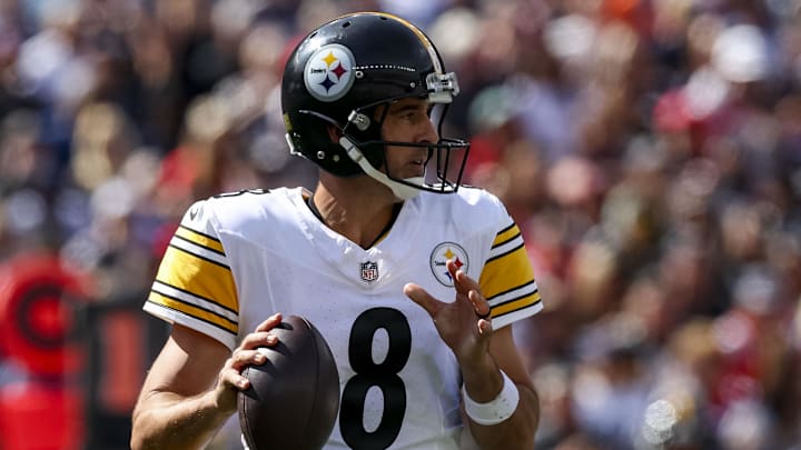 Sep 21, 2025; Foxborough, Massachusetts, USA; Pittsburgh Steelers quarterback Aaron Rodgers (8) during the second quarter at Gillette Stadium. Mandatory Credit: Paul Rutherford-Imagn Images