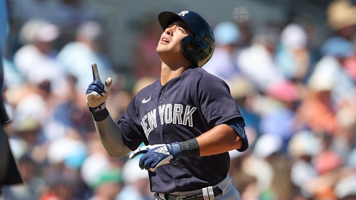 Mar 12, 2023; Fort Myers, Florida, USA;  New York Yankees shortstop Anthony Volpe (77) homers