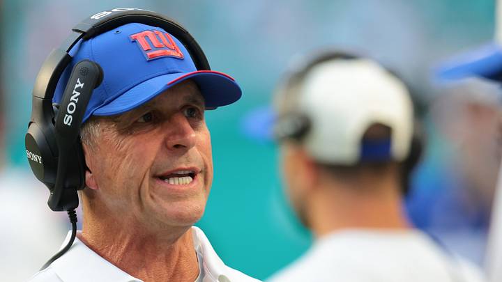 New York Giants head coach John Harbaugh reacts from the sideline New York Giants head coach John Harbaugh reacts from the sideline