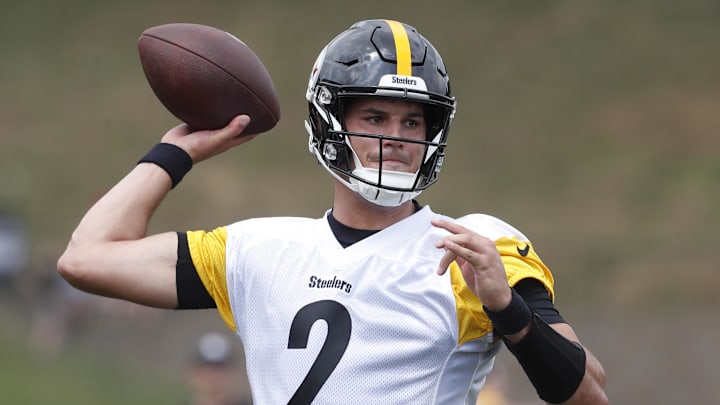 Jul 27, 2023; Latrobe, PA, USA;  Pittsburgh Steelers quarterback Mason Rudolph (2) participates in drills during training camp at Saint Vincent College. Mandatory Credit: Charles LeClaire-Imagn Images