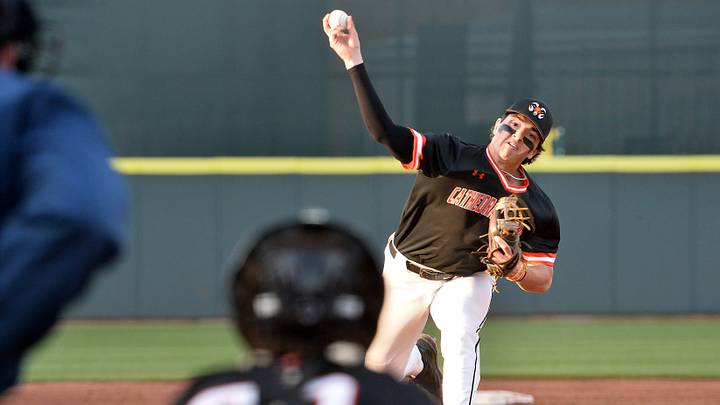 Cathedral Prep's Luke Costello pitches against McDowell High School at UPMC Park in Erie on April 20, 2023.

P1baseball042023