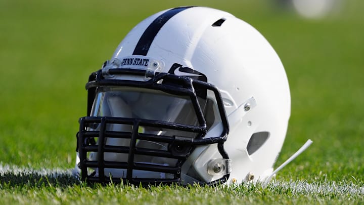 Nov 16, 2013; University Park, PA, USA; General view of a Penn State Nittany Lions helmet prior to the game against the Purdue Boilermakers at Beaver Stadium.  Mandatory Credit: Rich Barnes-Imagn Images