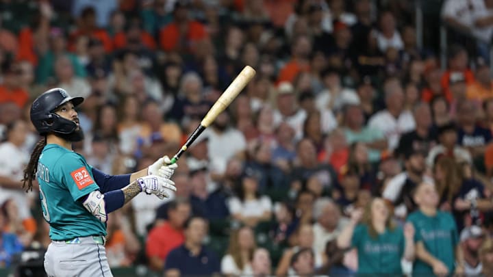 Sep 21, 2025; Houston, Texas, USA; Seattle Mariners shortstop J.P. Crawford (3) watches after he hits a grand slam against the Houston Astros in the second inning at Daikin Park. Mandatory Credit: Thomas Shea-Imagn Images Sep 21, 2025; Houston, Texas, USA; Seattle Mariners shortstop J.P. Crawford (3) watches after he hits a grand slam against the Houston Astros in the second inning at Daikin Park. Mandatory Credit: Thomas Shea-Imagn Images
