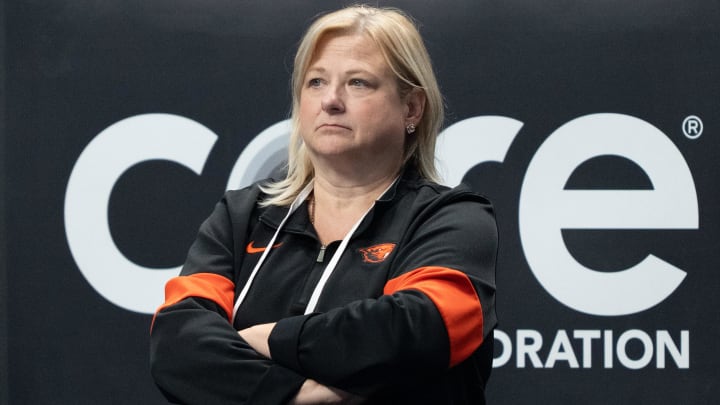 August 25, 2023; San Jose, California, USA; Oregon State Beavers women s gymnastics head coach Tanya Chaplin during the 2023 U.S. Gymnastics Championships at SAP Center. Mandatory Credit: Kyle Terada-USA TODAY Sports August 25, 2023; San Jose, California, USA; Oregon State Beavers women s gymnastics head coach Tanya Chaplin during the 2023 U.S. Gymnastics Championships at SAP Center. Mandatory Credit: Kyle Terada-USA TODAY Sports