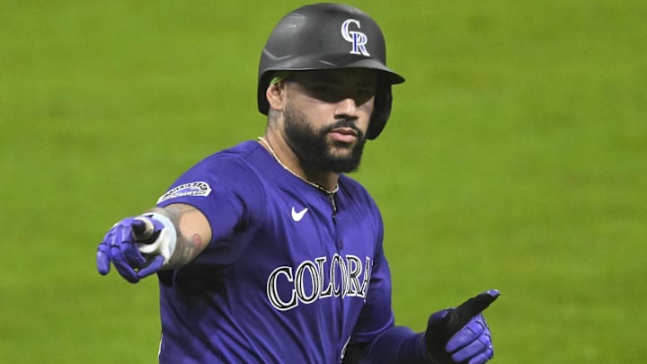 Jul 28, 2025; Cleveland, Ohio, USA; Colorado Rockies first baseman Warming Bernabel (25) celebrates his solo home run in the sixth inning against the Cleveland Guardians at Progressive Field