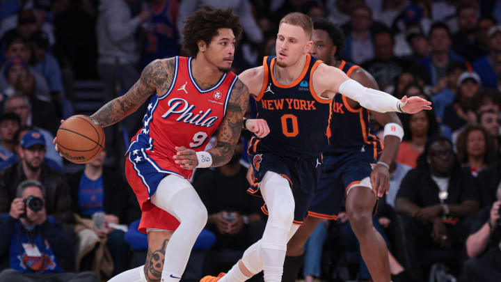 Apr 22, 2024; New York, New York, USA; Philadelphia 76ers guard Kelly Oubre Jr. (9) dribbles against New York Knicks guard Donte DiVincenzo (0) during the second half during game two of the first round for the 2024 NBA playoffs at Madison Square Garden. Mandatory Credit: Vincent Carchietta-USA TODAY Sports Apr 22, 2024; New York, New York, USA; Philadelphia 76ers guard Kelly Oubre Jr. (9) dribbles against New York Knicks guard Donte DiVincenzo (0) during the second half during game two of the first round for the 2024 NBA playoffs at Madison Square Garden. Mandatory Credit: Vincent Carchietta-USA TODAY Sports