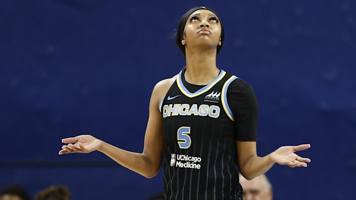 Jun 4, 2024; Chicago, Illinois, USA; Chicago Sky forward Angel Reese (5) reacts after being ejected from her team’s WNBA game against the New York Liberty during the second half at Wintrust Arena. Mandatory Credit: Kamil Krzaczynski-Imagn Images Jun 4, 2024; Chicago, Illinois, USA; Chicago Sky forward Angel Reese (5) reacts after being ejected from her team’s WNBA game against the New York Liberty during the second half at Wintrust Arena. Mandatory Credit: Kamil Krzaczynski-Imagn Images