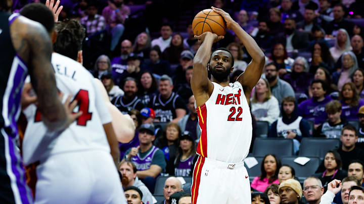 Jan 20, 2026; Sacramento, California, USA; Miami Heat forward Andrew Wiggins (22) scores against the Sacramento Kings during the second quarter at Golden 1 Center. Mandatory Credit: Sergio Estrada-Imagn Images
