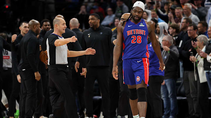 Mar 30, 2025; Minneapolis, Minnesota, USA; Detroit Pistons center Isaiah Stewart (28) reacts after a fight against the Minnesota Timberwolves during the second quarter at Target Center. Stewart was later ejected from the game. Mandatory Credit: Matt Krohn-Imagn Images