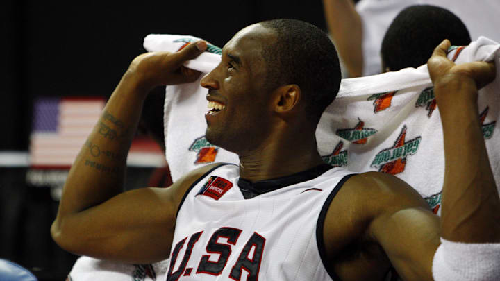 Aug 27, 2007; Las Vegas, NV, USA; USA guard (10) Kobe Bryant reacts on the bench in the USA 127-100 victory against Mexico in the second round of the 2007 FIBA Americas Championship at the Thomas and Mack Center. Mandatory Credit: Bob Donnan-Imagn Images Aug 27, 2007; Las Vegas, NV, USA; USA guard (10) Kobe Bryant reacts on the bench in the USA 127-100 victory against Mexico in the second round of the 2007 FIBA Americas Championship at the Thomas and Mack Center. Mandatory Credit: Bob Donnan-Imagn Images