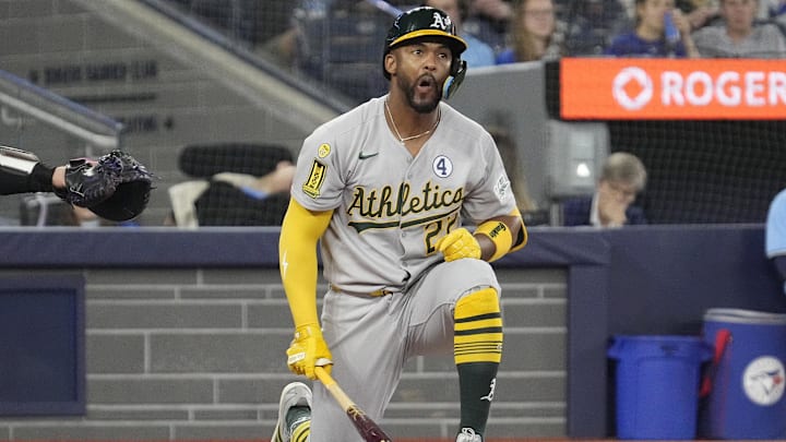 Jun 1, 2025; Toronto, Ontario, CAN; Oakland Athletics third baseman Miguel Andujar (22) reacts after a strike from the Toronto Blue Jays during the first inning at Rogers Centre. Mandatory Credit: John E. Sokolowski-Imagn Images Jun 1, 2025; Toronto, Ontario, CAN; Oakland Athletics third baseman Miguel Andujar (22) reacts after a strike from the Toronto Blue Jays during the first inning at Rogers Centre. Mandatory Credit: John E. Sokolowski-Imagn Images