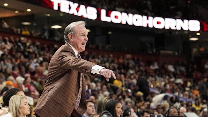 Mar 8, 2025; Greenville, SC, USA; Texas Longhorns head coach Vic Schaefer yells to his offense during the second half against the LSU Lady Tigers at Bon Secours Wellness Arena.